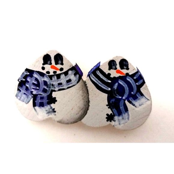 Pin Snowmen Wooden Handmade Hand-painted White & Blue - Picture 1 of 2